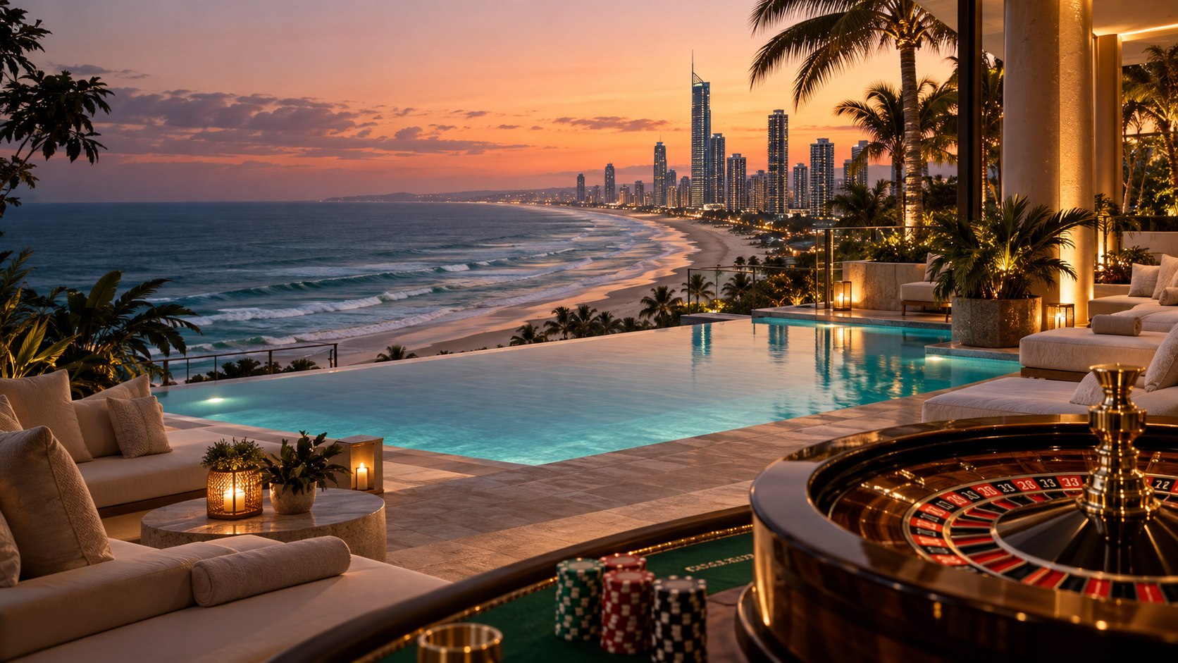 AI-generated Gold Coast-inspired casino lounge overlooking a resort pool, Gold Coast-inspired surf beach, resort pool and coastal skyline at twilight
